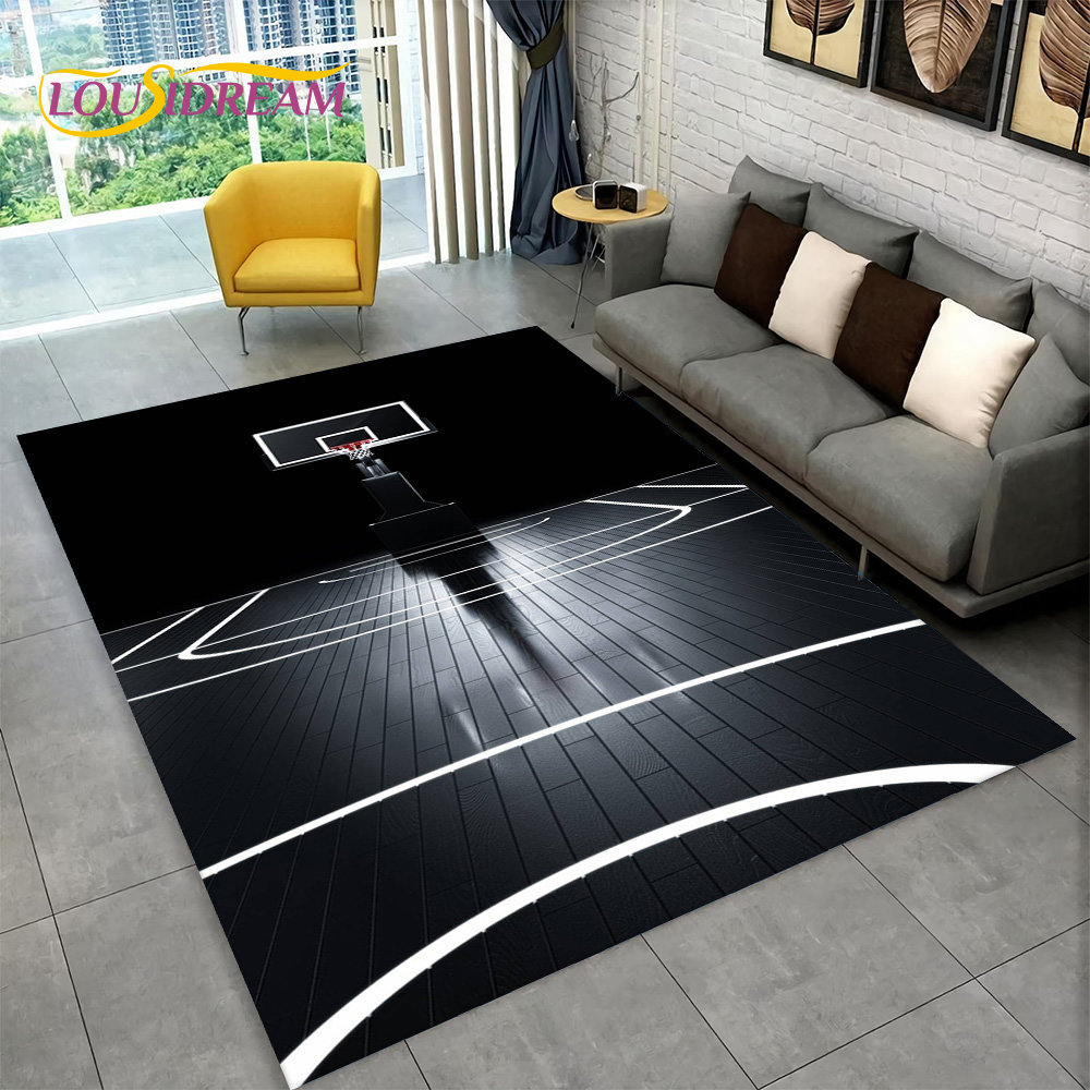 Retro Gaming Rug - 3D Basketball Cour Cartoon Area Rug